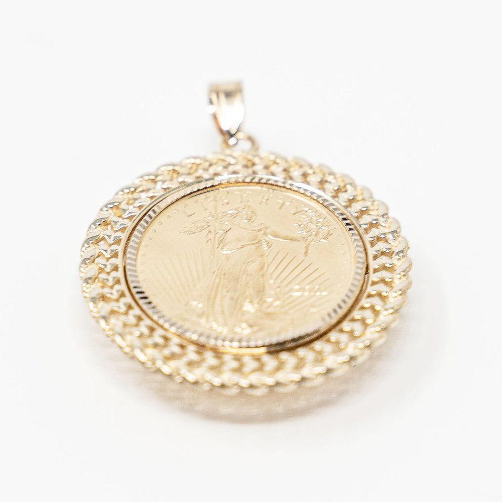 New 14k Gold Double Row Diamond Cut Bezel With 1/4oz American Eagle Coin - Picture 13 of 15